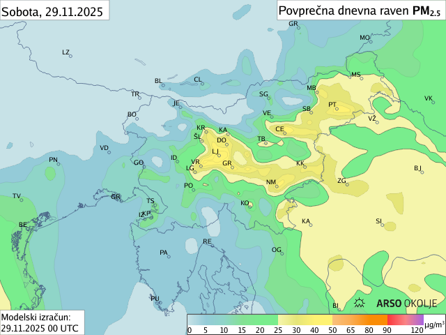 Napoved PM2,5 za danes